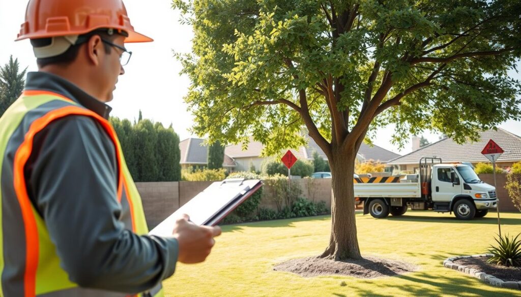 A serene suburban backyard in Centurion, showcasing a well-maintained garden with lush greenery and a prominent, healthy tree. In the foreground, a professional arborist dressed in a safety helmet and reflective vest examines the tree, holding a clipboard for notes. The middle ground features a tree-trimming truck parked safely on the side, with caution signs displayed prominently. In the background, a sunny sky enhances a sense of calm and professionalism. Soft, natural lighting casts gentle shadows, creating a warm atmosphere. The image embodies a commitment to safety and precaution, emphasizing the importance of professional quotes before tree work. Capture it from a slightly elevated angle to provide a comprehensive view, highlighting both safety measures and the beauty of the surrounding environment. A serene suburban backyard in Centurion, showcasing a well-maintained garden with lush greenery and a prominent, healthy tree. In the foreground, a professional arborist dressed in a safety helmet and reflective vest examines the tree, holding a clipboard for notes. The middle ground features a tree-trimming truck parked safely on the side, with caution signs displayed prominently. In the background, a sunny sky enhances a sense of calm and professionalism. Soft, natural lighting casts gentle shadows, creating a warm atmosphere. The image embodies a commitment to safety and precaution, emphasizing the importance of professional quotes before tree work. Capture it from a slightly elevated angle to provide a comprehensive view, highlighting both safety measures and the beauty of the surrounding environment.