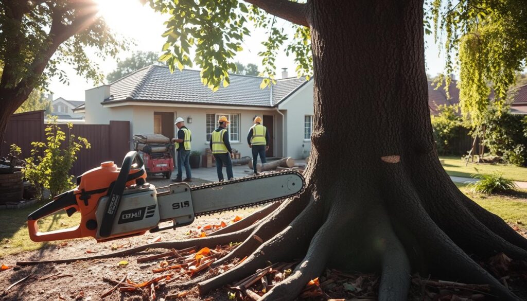 A serene suburban backyard scene in Centurion, South Africa, featuring a team of professional tree fellers dressed in safety gear, carefully cutting down a large tree while focusing on budget-friendly techniques. In the foreground, a sturdy chainsaw glistens in the sunlight, with the tree trunk showing signs of recent cuts. The middle ground showcases the workers collaborating, surrounded by fallen branches and logs, emphasizing the process of affordable tree felling. The background reveals a tidy, modest home with a well-kept garden, illustrating a typical Centurion property. Soft, natural lighting highlights the lush greenery around, creating a calm atmosphere that conveys affordability and professionalism in tree services. A serene suburban backyard scene in Centurion, South Africa, featuring a team of professional tree fellers dressed in safety gear, carefully cutting down a large tree while focusing on budget-friendly techniques. In the foreground, a sturdy chainsaw glistens in the sunlight, with the tree trunk showing signs of recent cuts. The middle ground showcases the workers collaborating, surrounded by fallen branches and logs, emphasizing the process of affordable tree felling. The background reveals a tidy, modest home with a well-kept garden, illustrating a typical Centurion property. Soft, natural lighting highlights the lush greenery around, creating a calm atmosphere that conveys affordability and professionalism in tree services.