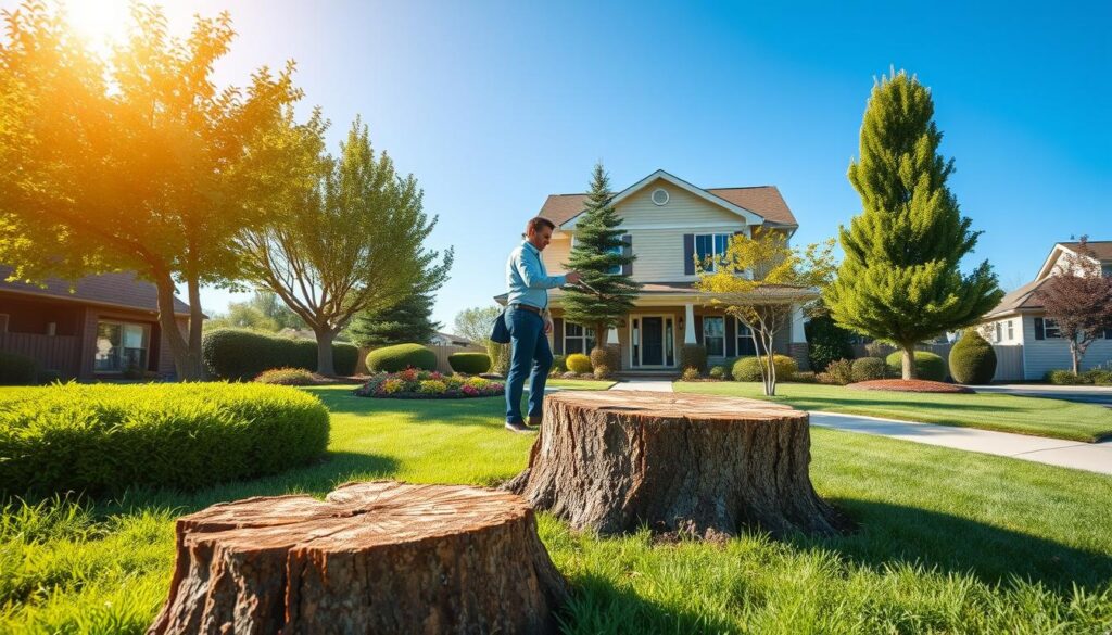 A serene suburban landscape featuring a beautifully manicured front yard of a lovely home ready for sale. In the foreground, a freshly cut tree stump sits next to healthy, trimmed bushes and a vibrant flower bed, demonstrating the effects of tree felling for enhancing kerb appeal. The middle layer shows a professional landscaper in smart casual clothing expertly assessing remaining trees, comparing their shapes and health, indicative of tree trimming and pruning practices. The background showcases a charming two-story house with inviting curb appeal, surrounded by well-maintained grass and a clear blue sky. Natural sunlight casts a warm glow over the scene, creating an inviting atmosphere that emphasizes a welcoming home environment. A serene suburban landscape featuring a beautifully manicured front yard of a lovely home ready for sale. In the foreground, a freshly cut tree stump sits next to healthy, trimmed bushes and a vibrant flower bed, demonstrating the effects of tree felling for enhancing kerb appeal. The middle layer shows a professional landscaper in smart casual clothing expertly assessing remaining trees, comparing their shapes and health, indicative of tree trimming and pruning practices. The background showcases a charming two-story house with inviting curb appeal, surrounded by well-maintained grass and a clear blue sky. Natural sunlight casts a warm glow over the scene, creating an inviting atmosphere that emphasizes a welcoming home environment.