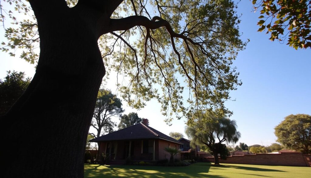 A serene suburban landscape in Centurion, showcasing a large, leaning tree dangerously close to a cozy house. In the foreground, the tree’s trunk is bent at a dramatic angle, its leaves rustling gently in the wind. In the middle ground, the house is a charming brick cottage with a well-manicured garden surrounding it. Soft, golden sunlight filters through the leaves, casting dappled shadows on the lawn, emphasizing the tree's precarious position. In the background, a clear blue sky stretches, adding to the tranquil atmosphere, yet hinting at the potential danger posed by the tree. The scene captures a moment of reflection on safety, with a gentle breeze adding to the feeling of urgency for a safe removal. A serene suburban landscape in Centurion, showcasing a large, leaning tree dangerously close to a cozy house. In the foreground, the tree’s trunk is bent at a dramatic angle, its leaves rustling gently in the wind. In the middle ground, the house is a charming brick cottage with a well-manicured garden surrounding it. Soft, golden sunlight filters through the leaves, casting dappled shadows on the lawn, emphasizing the tree's precarious position. In the background, a clear blue sky stretches, adding to the tranquil atmosphere, yet hinting at the potential danger posed by the tree. The scene captures a moment of reflection on safety, with a gentle breeze adding to the feeling of urgency for a safe removal.
