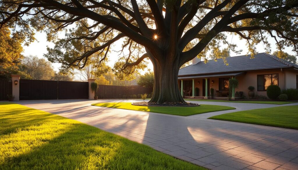 A serene suburban scene in Centurion showcasing a driveway partially blocked by a large, leafy tree, its branches stretching outward. In the foreground, a neatly paved driveway with vibrant green grass on either side, hinting at a peaceful residential area. In the middle ground, the imposing tree stands majestically, its thick trunk and sprawling canopy casting dappled shadows on the ground. The background features a quaint house with a well-maintained garden, bathed in warm, golden afternoon sunlight. The lighting is soft, enhancing the calm, slightly frustrated atmosphere of a blocked access point. The angle is slightly elevated, giving a comprehensive view of the entire scene, while focusing on the tree as the central obstruction. A serene suburban scene in Centurion showcasing a driveway partially blocked by a large, leafy tree, its branches stretching outward. In the foreground, a neatly paved driveway with vibrant green grass on either side, hinting at a peaceful residential area. In the middle ground, the imposing tree stands majestically, its thick trunk and sprawling canopy casting dappled shadows on the ground. The background features a quaint house with a well-maintained garden, bathed in warm, golden afternoon sunlight. The lighting is soft, enhancing the calm, slightly frustrated atmosphere of a blocked access point. The angle is slightly elevated, giving a comprehensive view of the entire scene, while focusing on the tree as the central obstruction.