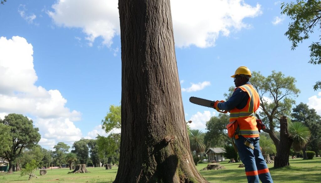 A serene suburban scene in Raslouw AH, Centurion, depicting a professional tree felling operation. In the foreground, a skilled worker in a hard hat and professional work attire uses a chainsaw to fell a large, healthy tree, while another worker stands by, observing with safety gear. The middle ground showcases the sprawling plot filled with mature trees, some already cut down, with tree stumps scattered around. In the background, a clear blue sky with fluffy white clouds contrasts against the green foliage of nearby trees. The lighting is soft and natural, highlighting the workers' careful efforts. The overall mood is focused and industrious, capturing the essence of when tree felling is necessary and urgent. A serene suburban scene in Raslouw AH, Centurion, depicting a professional tree felling operation. In the foreground, a skilled worker in a hard hat and professional work attire uses a chainsaw to fell a large, healthy tree, while another worker stands by, observing with safety gear. The middle ground showcases the sprawling plot filled with mature trees, some already cut down, with tree stumps scattered around. In the background, a clear blue sky with fluffy white clouds contrasts against the green foliage of nearby trees. The lighting is soft and natural, highlighting the workers' careful efforts. The overall mood is focused and industrious, capturing the essence of when tree felling is necessary and urgent.