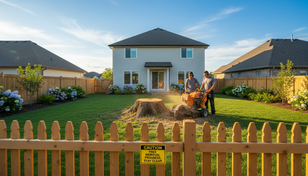 A serene suburban setting showcasing a well-maintained yard with a recently removed tree stump, emphasizing safety and property protection. In the foreground, there is a sturdy wooden fence and a clean, manicured lawn, with a subtle warning sign about tree removal safety placed visibly. In the middle ground, two professional landscapers in smart casual clothing use specialized equipment for stump grinding, demonstrating caution and skill. Lush greenery and ornamental plants surround them, symbolizing environmental consideration. In the background, a bright blue sky with wispy clouds filters natural light onto the scene, creating a warm and inviting atmosphere. The angle is slightly elevated, capturing the full scope of the yard to emphasize the importance of safety in property maintenance. A serene suburban setting showcasing a well-maintained yard with a recently removed tree stump, emphasizing safety and property protection. In the foreground, there is a sturdy wooden fence and a clean, manicured lawn, with a subtle warning sign about tree removal safety placed visibly. In the middle ground, two professional landscapers in smart casual clothing use specialized equipment for stump grinding, demonstrating caution and skill. Lush greenery and ornamental plants surround them, symbolizing environmental consideration. In the background, a bright blue sky with wispy clouds filters natural light onto the scene, creating a warm and inviting atmosphere. The angle is slightly elevated, capturing the full scope of the yard to emphasize the importance of safety in property maintenance.