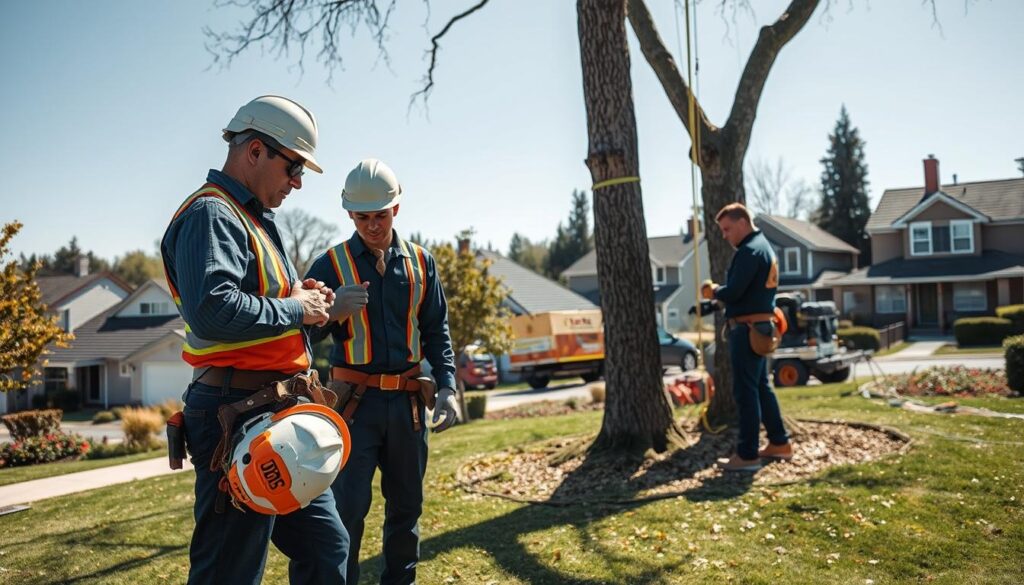 A serene tree-felling scene in a busy neighborhood, showcasing a team of professionally dressed workers focused on safety. In the foreground, a worker attentively checks protective gear while holding a safety helmet. The middle ground features another team member standing beside a tall tree, expertly assessing the site with a measuring tape, ensuring the operation is safe. The background captures a suburban landscape with houses and well-maintained gardens under a clear blue sky, emphasizing a community atmosphere. The lighting is bright and natural, casting soft shadows. The angle is slightly elevated, providing a comprehensive view of both the team and their environment, conveying a sense of diligence and care in a challenging setting. The overall mood should be calm yet active, reinforcing the importance of a safety-first approach in tree-felling operations. A serene tree-felling scene in a busy neighborhood, showcasing a team of professionally dressed workers focused on safety. In the foreground, a worker attentively checks protective gear while holding a safety helmet. The middle ground features another team member standing beside a tall tree, expertly assessing the site with a measuring tape, ensuring the operation is safe. The background captures a suburban landscape with houses and well-maintained gardens under a clear blue sky, emphasizing a community atmosphere. The lighting is bright and natural, casting soft shadows. The angle is slightly elevated, providing a comprehensive view of both the team and their environment, conveying a sense of diligence and care in a challenging setting. The overall mood should be calm yet active, reinforcing the importance of a safety-first approach in tree-felling operations.