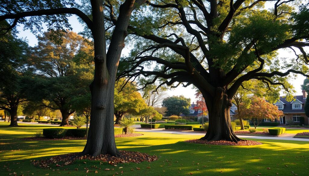 A serene tree location in Centurion, showcasing a lush, green environment with multiple mature trees, some with vibrant foliage and others displaying autumn hues. In the foreground, a large, healthy oak tree stands, its rough bark and sprawling branches exuding strength. The middle ground features a clear, sunlit area with fallen leaves scattered on soft grass, suggesting recent maintenance work. In the background, a glimpse of a suburban setting with neatly trimmed gardens and distant houses portrays a harmonious blend of nature and residential life. The scene is bathed in warm, golden-hour lighting, casting gentle shadows and creating a peaceful atmosphere. The angle captures the inviting richness of the landscape, without any human presence, ensuring a focus on the beauty of the trees. A serene tree location in Centurion, showcasing a lush, green environment with multiple mature trees, some with vibrant foliage and others displaying autumn hues. In the foreground, a large, healthy oak tree stands, its rough bark and sprawling branches exuding strength. The middle ground features a clear, sunlit area with fallen leaves scattered on soft grass, suggesting recent maintenance work. In the background, a glimpse of a suburban setting with neatly trimmed gardens and distant houses portrays a harmonious blend of nature and residential life. The scene is bathed in warm, golden-hour lighting, casting gentle shadows and creating a peaceful atmosphere. The angle captures the inviting richness of the landscape, without any human presence, ensuring a focus on the beauty of the trees.