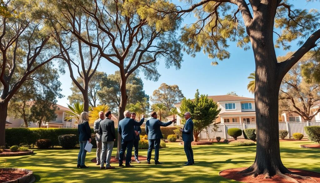 A serene urban landscape in Centurion, showcasing a blend of residential and natural elements. In the foreground, a well-maintained garden with a variety of trees, including tall eucalyptuses and leafy oaks, reflects the local flora. In the middle ground, a diverse group of professionals in business attire discuss tree felling options, pointing at an assortment of trees that might need attention. The background features typical Centurion architecture, with modern houses and clear blue skies. Soft, warm sunlight bathes the scene, creating a pleasant atmosphere. The image is shot with a wide-angle lens from a slightly elevated perspective, offering a comprehensive view of the locality's environmental factors that can influence tree felling quotes. A serene urban landscape in Centurion, showcasing a blend of residential and natural elements. In the foreground, a well-maintained garden with a variety of trees, including tall eucalyptuses and leafy oaks, reflects the local flora. In the middle ground, a diverse group of professionals in business attire discuss tree felling options, pointing at an assortment of trees that might need attention. The background features typical Centurion architecture, with modern houses and clear blue skies. Soft, warm sunlight bathes the scene, creating a pleasant atmosphere. The image is shot with a wide-angle lens from a slightly elevated perspective, offering a comprehensive view of the locality's environmental factors that can influence tree felling quotes.
