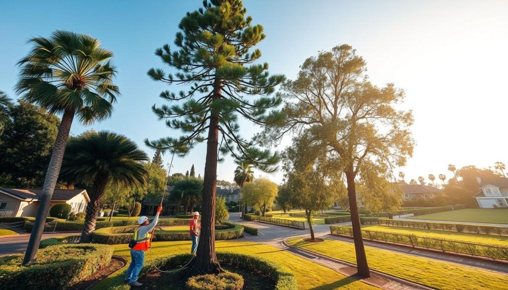 A serene urban scene depicting safe tree felling in Centurion. In the foreground, a professional tree removal crew in helmets and safety gear, using hydraulic equipment to carefully cut down a tall, healthy pine tree, surrounded by palm and gum trees. The middle ground features the neatly manicured landscape of a built-up area, with residential homes, neatly trimmed hedges, and grassy patches, indicating a suburban setting. The background shows a clear blue sky and soft sunlight filtering through the trees, creating a warm and inviting atmosphere. The angle is slightly elevated, providing a comprehensive view of the felling operation while emphasizing the safety precautions taken. The mood is calm and professional, showcasing responsible tree management practices in an urban environment. A serene urban scene depicting safe tree felling in Centurion. In the foreground, a professional tree removal crew in helmets and safety gear, using hydraulic equipment to carefully cut down a tall, healthy pine tree, surrounded by palm and gum trees. The middle ground features the neatly manicured landscape of a built-up area, with residential homes, neatly trimmed hedges, and grassy patches, indicating a suburban setting. The background shows a clear blue sky and soft sunlight filtering through the trees, creating a warm and inviting atmosphere. The angle is slightly elevated, providing a comprehensive view of the felling operation while emphasizing the safety precautions taken. The mood is calm and professional, showcasing responsible tree management practices in an urban environment.