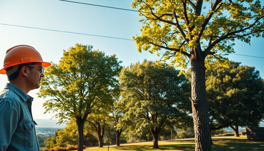 A serene, well-maintained landscape in Centurion featuring power lines safely positioned above a tree felling site. In the foreground, a professional arborist in modest casual clothing, wearing a hard hat and safety goggles, is carefully assessing a tree with clear boundaries marked around power line areas. The middle ground showcases tall, healthy trees with bright green leaves, while safely distanced power lines run overhead against a clear blue sky. In the background, a distant cityscape is visible, hinting at the infrastructure of Centurion. Soft, natural lighting bathes the scene, creating a calm atmosphere that emphasizes the importance of safety when working near electricity. The angle captures the height and presence of the power lines while keeping the focus on the arborist's careful actions. A serene, well-maintained landscape in Centurion featuring power lines safely positioned above a tree felling site. In the foreground, a professional arborist in modest casual clothing, wearing a hard hat and safety goggles, is carefully assessing a tree with clear boundaries marked around power line areas. The middle ground showcases tall, healthy trees with bright green leaves, while safely distanced power lines run overhead against a clear blue sky. In the background, a distant cityscape is visible, hinting at the infrastructure of Centurion. Soft, natural lighting bathes the scene, creating a calm atmosphere that emphasizes the importance of safety when working near electricity. The angle captures the height and presence of the power lines while keeping the focus on the arborist's careful actions.