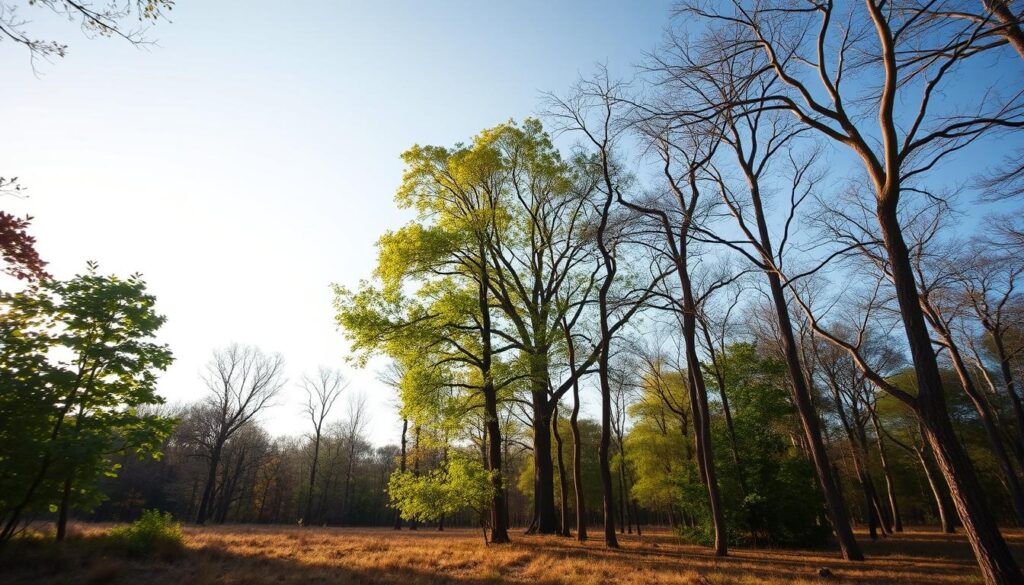 A serene woodland scene in Centurion showcasing the concept of disease decline in trees. In the foreground, a group of healthy, vibrant trees with green foliage stand tall, symbolizing thriving life. In contrast, nearby, a few trees show signs of decline with sparse leaves and discolored bark, depicting the effects of disease. The middle ground features a subtle transition with trees in various states of health, illustrating the gradual decline. In the background, a clear blue sky with soft, warm sunlight filters through the branches, casting gentle shadows on the forest floor. The mood is contemplative and informative, encouraging reflection on nature's processes. Use a wide-angle lens to capture the expansiveness of the landscape and emphasize the relationship between healthy and declining trees. A serene woodland scene in Centurion showcasing the concept of disease decline in trees. In the foreground, a group of healthy, vibrant trees with green foliage stand tall, symbolizing thriving life. In contrast, nearby, a few trees show signs of decline with sparse leaves and discolored bark, depicting the effects of disease. The middle ground features a subtle transition with trees in various states of health, illustrating the gradual decline. In the background, a clear blue sky with soft, warm sunlight filters through the branches, casting gentle shadows on the forest floor. The mood is contemplative and informative, encouraging reflection on nature's processes. Use a wide-angle lens to capture the expansiveness of the landscape and emphasize the relationship between healthy and declining trees.