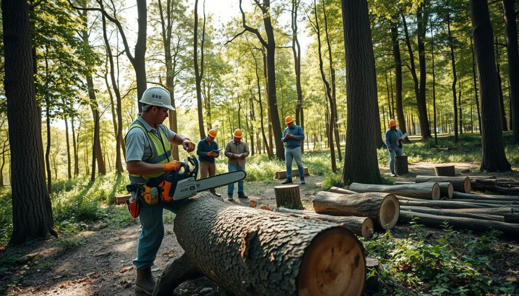 A serene woodland setting showcasing a professional tree felling process. In the foreground, a skilled arborist in a hard hat and safety gear operates a chainsaw on a large tree trunk, with caution signs and protective equipment visible. The middle ground captures additional workers assessing the environment, stooping over professional tools, and using clipboards to evaluate the area. In the background, some trees are freshly cut, showcasing stumps and a neat pile of logs. Soft, natural sunlight filters through the leaves, creating dappled light patterns on the forest floor. A calm atmosphere evokes a sense of expertise and safety, emphasizing the importance of a careful and systematic approach to tree removal. A serene woodland setting showcasing a professional tree felling process. In the foreground, a skilled arborist in a hard hat and safety gear operates a chainsaw on a large tree trunk, with caution signs and protective equipment visible. The middle ground captures additional workers assessing the environment, stooping over professional tools, and using clipboards to evaluate the area. In the background, some trees are freshly cut, showcasing stumps and a neat pile of logs. Soft, natural sunlight filters through the leaves, creating dappled light patterns on the forest floor. A calm atmosphere evokes a sense of expertise and safety, emphasizing the importance of a careful and systematic approach to tree removal.