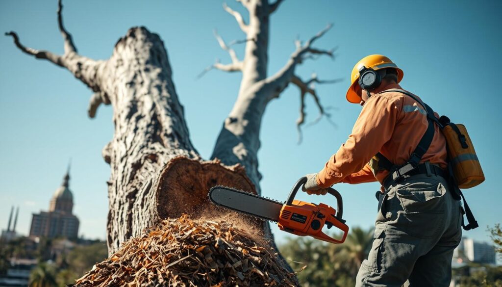 A skilled arborist in professional attire, using a chainsaw to fell a large, dead tree in Centurion, South Africa. In the foreground, the focus is on the arborist, showcasing intense concentration and careful technique. The middle ground features the towering dead tree, its bark gray and cracked, with branches extending outward, while freshly cut wood chips scatter at the base. In the background, recognizable local landmarks blend with a clear blue sky, suggesting a bright sunny day. Soft, natural lighting enhances the scene, casting gentle shadows that highlight the textures of the tree and the expertise of the worker. The atmosphere is one of professionalism and dedication to preserving the local environment. A skilled arborist in professional attire, using a chainsaw to fell a large, dead tree in Centurion, South Africa. In the foreground, the focus is on the arborist, showcasing intense concentration and careful technique. The middle ground features the towering dead tree, its bark gray and cracked, with branches extending outward, while freshly cut wood chips scatter at the base. In the background, recognizable local landmarks blend with a clear blue sky, suggesting a bright sunny day. Soft, natural lighting enhances the scene, casting gentle shadows that highlight the textures of the tree and the expertise of the worker. The atmosphere is one of professionalism and dedication to preserving the local environment.