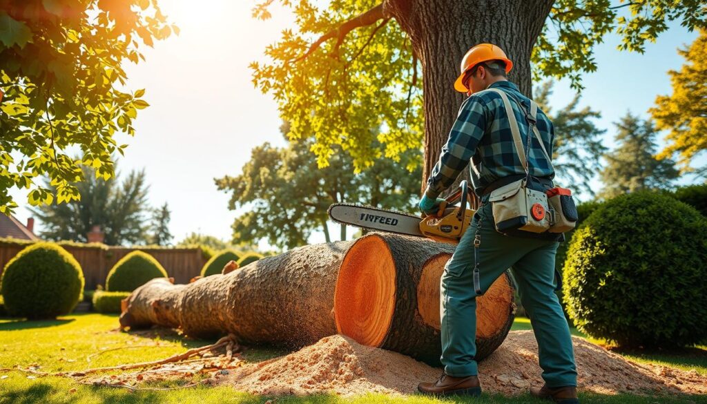 A skilled arborist in professional work attire uses a chainsaw to expertly cut down a large tree in a well-maintained garden. In the foreground, the arborist is focused and determined, showcasing their expertise and commitment to safety, while wearing a hard hat and gloves. In the middle ground, the fallen tree lies neatly on the ground, with sawdust scattered around, indicating recent cutting activity. Lush greenery and manicured shrubs frame the scene, adding vibrancy. In the background, a clear blue sky filters warm sunlight through the leaves, creating a bright and inviting atmosphere that highlights the importance of professional tree cutting for garden aesthetics and safety. The composition is bright, with a slight depth of field to emphasize the arborist's task. A skilled arborist in professional work attire uses a chainsaw to expertly cut down a large tree in a well-maintained garden. In the foreground, the arborist is focused and determined, showcasing their expertise and commitment to safety, while wearing a hard hat and gloves. In the middle ground, the fallen tree lies neatly on the ground, with sawdust scattered around, indicating recent cutting activity. Lush greenery and manicured shrubs frame the scene, adding vibrancy. In the background, a clear blue sky filters warm sunlight through the leaves, creating a bright and inviting atmosphere that highlights the importance of professional tree cutting for garden aesthetics and safety. The composition is bright, with a slight depth of field to emphasize the arborist's task.