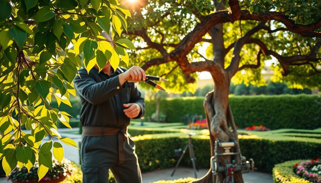 A skilled gardener in professional attire carefully prunes a large, mature tree with precise shears, showcasing intricate cuts that enhance its ornamental shape. In the foreground, vibrant green leaves shimmer under the warm sunlight, highlighting the freshness of the foliage. In the middle ground, the tree's unique structure is emphasized, with well-defined branches that create an artistic silhouette. The background features a lush garden with colorful flowers and manicured hedges, bathed in soft afternoon light, creating a serene and inviting atmosphere. The scene captures the essence of careful tree shaping and the artistry involved in pruning, with a focus on the harmony between nature and artistry. A skilled gardener in professional attire carefully prunes a large, mature tree with precise shears, showcasing intricate cuts that enhance its ornamental shape. In the foreground, vibrant green leaves shimmer under the warm sunlight, highlighting the freshness of the foliage. In the middle ground, the tree's unique structure is emphasized, with well-defined branches that create an artistic silhouette. The background features a lush garden with colorful flowers and manicured hedges, bathed in soft afternoon light, creating a serene and inviting atmosphere. The scene captures the essence of careful tree shaping and the artistry involved in pruning, with a focus on the harmony between nature and artistry.