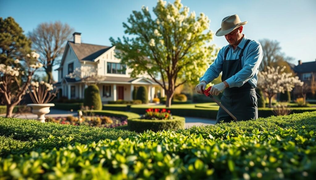 A skilled gardener in professional attire carefully trims a formal hedge, creating sharp, crisp lines and a well-structured garden. The foreground showcases the neatly manicured hedge, with fresh green foliage and precise angles. In the middle ground, elegant ornamental plants and symmetrical garden beds enhance the structured aesthetic. The background features a picturesque suburban home, partially obscured by blossoming trees, under a clear blue sky. Soft, diffused sunlight casts gentle shadows, adding depth and warmth to the scene. The mood is tranquil and organized, capturing the essence of a meticulously maintained garden. The entire composition is framed with a slight depth of field, focusing on the act of trimming while softening the background elements. A skilled gardener in professional attire carefully trims a formal hedge, creating sharp, crisp lines and a well-structured garden. The foreground showcases the neatly manicured hedge, with fresh green foliage and precise angles. In the middle ground, elegant ornamental plants and symmetrical garden beds enhance the structured aesthetic. The background features a picturesque suburban home, partially obscured by blossoming trees, under a clear blue sky. Soft, diffused sunlight casts gentle shadows, adding depth and warmth to the scene. The mood is tranquil and organized, capturing the essence of a meticulously maintained garden. The entire composition is framed with a slight depth of field, focusing on the act of trimming while softening the background elements.