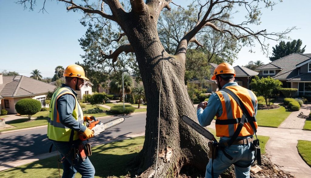 A skilled tree removal team is actively working in a residential area of Centurion, with a focus on a large, overgrown tree that is being carefully dismantled. In the foreground, the workers, dressed in professional safety gear—helmets, gloves, and vests—are using chainsaws and ropes, demonstrating expertise and precision. In the middle ground, the tree is half-removed, showcasing the intricate process of cutting branches and managing fall direction. The background features a suburban neighborhood, with well-maintained homes and manicured lawns under a clear blue sky, casting soft shadows. The lighting is bright and natural, evoking a calm and industrious atmosphere, captured from a slightly elevated angle to showcase the complexity of the work. The overall scene should feel dynamic yet controlled, reflecting the challenges of tree removal in confined spaces. A skilled tree removal team is actively working in a residential area of Centurion, with a focus on a large, overgrown tree that is being carefully dismantled. In the foreground, the workers, dressed in professional safety gear—helmets, gloves, and vests—are using chainsaws and ropes, demonstrating expertise and precision. In the middle ground, the tree is half-removed, showcasing the intricate process of cutting branches and managing fall direction. The background features a suburban neighborhood, with well-maintained homes and manicured lawns under a clear blue sky, casting soft shadows. The lighting is bright and natural, evoking a calm and industrious atmosphere, captured from a slightly elevated angle to showcase the complexity of the work. The overall scene should feel dynamic yet controlled, reflecting the challenges of tree removal in confined spaces.