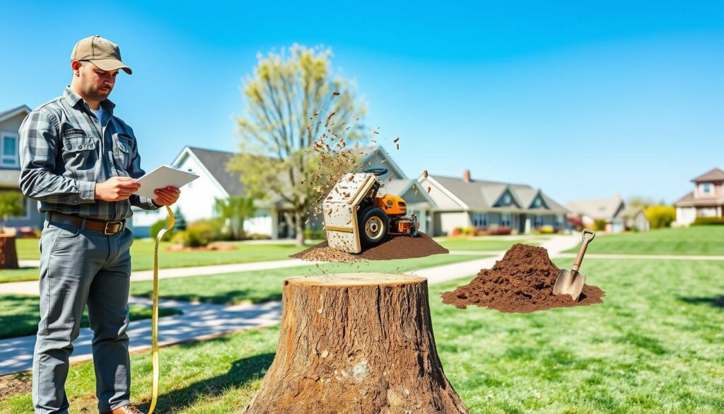 A split image illustrating stump removal prices effectively. In the foreground, a professional arborist, dressed in a smart casual outfit, is measuring a tree stump with a tape measure while holding a notepad. In the middle, display two sections: one showcasing a stump grinder in action, with wood chips flying and a clear blue sky above, illustrating the grind method; the other displaying a traditional digging method, with a shovel and soil scattered around the stump. In the background, outline a quaint suburban setting with houses and green lawns. The lighting is bright and sunny, evoking a sense of transparency and professionalism, while the overall atmosphere is informative and engaging. The image should not contain any captions or overlays. A split image illustrating stump removal prices effectively. In the foreground, a professional arborist, dressed in a smart casual outfit, is measuring a tree stump with a tape measure while holding a notepad. In the middle, display two sections: one showcasing a stump grinder in action, with wood chips flying and a clear blue sky above, illustrating the grind method; the other displaying a traditional digging method, with a shovel and soil scattered around the stump. In the background, outline a quaint suburban setting with houses and green lawns. The lighting is bright and sunny, evoking a sense of transparency and professionalism, while the overall atmosphere is informative and engaging. The image should not contain any captions or overlays.