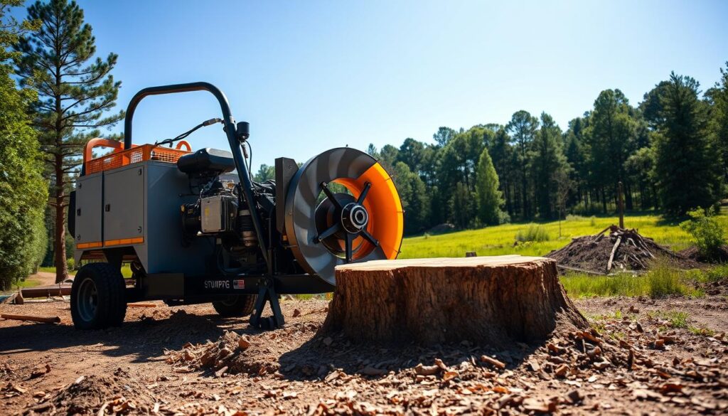 A state-of-the-art stump grinding machine in the foreground, showcasing its sharp, rotating blades and robust frame, gleaming under bright, natural sunlight. The machine is parked on a freshly cut tree stump, with wood chips scattered around. In the middle ground, an expansive, green landscape filled with trees and clear blue skies provides context, emphasizing a professional operation environment. Subtle shading highlights the machine's details, while a slight lens flare adds dynamism. The atmosphere is one of efficiency and precision, conveying a fast-paced, industrious vibe. No people are present to allow for a focus on the specialized equipment alone. A state-of-the-art stump grinding machine in the foreground, showcasing its sharp, rotating blades and robust frame, gleaming under bright, natural sunlight. The machine is parked on a freshly cut tree stump, with wood chips scattered around. In the middle ground, an expansive, green landscape filled with trees and clear blue skies provides context, emphasizing a professional operation environment. Subtle shading highlights the machine's details, while a slight lens flare adds dynamism. The atmosphere is one of efficiency and precision, conveying a fast-paced, industrious vibe. No people are present to allow for a focus on the specialized equipment alone.