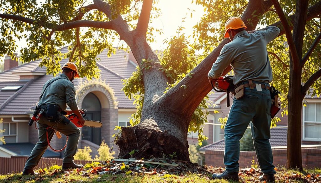 A team of professional tree removal specialists working diligently in a confined urban space in Centurion. In the foreground, depict two workers in modest casual clothing, carefully using chainsaws and pruning equipment to remove a large tree with dense foliage. The middle layer features the tree being dismantled piece by piece, showcasing the precision and care taken in the task. In the background, illustrate a residential neighborhood with closely spaced houses, emphasizing the tight environment in which the removal is taking place. Utilize soft, natural lighting that filters through the tree branches, creating dappled shadows on the ground. The atmosphere should be focused and industrious, highlighting the expertise needed for specialized removals in complex spaces. A team of professional tree removal specialists working diligently in a confined urban space in Centurion. In the foreground, depict two workers in modest casual clothing, carefully using chainsaws and pruning equipment to remove a large tree with dense foliage. The middle layer features the tree being dismantled piece by piece, showcasing the precision and care taken in the task. In the background, illustrate a residential neighborhood with closely spaced houses, emphasizing the tight environment in which the removal is taking place. Utilize soft, natural lighting that filters through the tree branches, creating dappled shadows on the ground. The atmosphere should be focused and industrious, highlighting the expertise needed for specialized removals in complex spaces.
