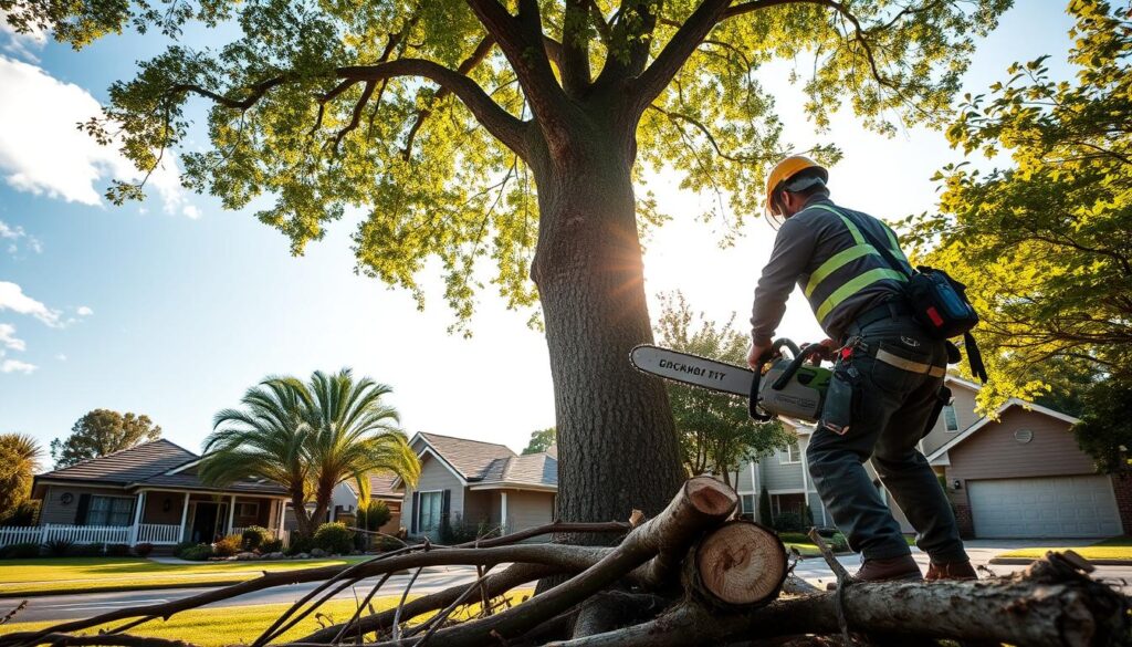 A tranquil Doringkloof neighborhood scene showcasing experienced tree cutting specialists at work. In the foreground, a professional arborist in a safety helmet and protective gear skillfully operates a chainsaw, surrounded by freshly cut tree limbs. The middle ground features a tall, lush green tree, partially cut to reveal the care taken in the tree removal process. In the background, quaint suburban homes with manicured lawns and blue skies create a peaceful, community-focused atmosphere. Soft, warm sunlight filters through the leafy canopy, casting dappled shadows on the ground, highlighting the meticulous work being done. The angle is slightly elevated, capturing the essence of the task while maintaining the beauty of the surroundings. A tranquil Doringkloof neighborhood scene showcasing experienced tree cutting specialists at work. In the foreground, a professional arborist in a safety helmet and protective gear skillfully operates a chainsaw, surrounded by freshly cut tree limbs. The middle ground features a tall, lush green tree, partially cut to reveal the care taken in the tree removal process. In the background, quaint suburban homes with manicured lawns and blue skies create a peaceful, community-focused atmosphere. Soft, warm sunlight filters through the leafy canopy, casting dappled shadows on the ground, highlighting the meticulous work being done. The angle is slightly elevated, capturing the essence of the task while maintaining the beauty of the surroundings.