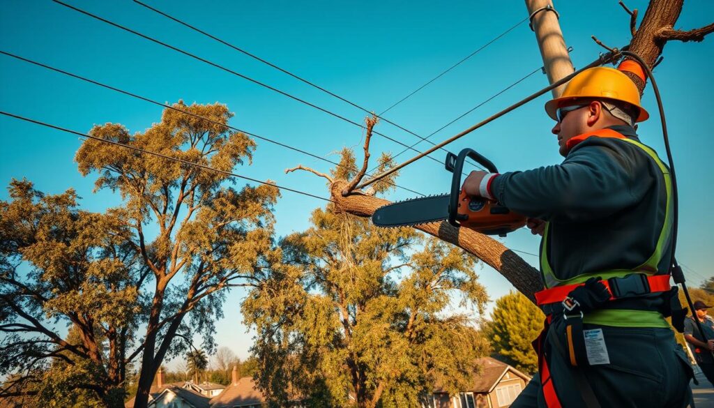 A tree removal crew working safely near overhead power lines in a confined space. In the foreground, a worker in professional safety attire, including a hard hat and safety goggles, is cautiously removing a tree limb with a chainsaw, ensuring they maintain a safe distance from the power lines. The middle ground features tall, leafy trees with visible power lines crisscrossing above, juxtaposed against the blue sky. The background shows a suburban neighborhood's rooftops and towering structures, enhancing the confined atmosphere. Warm, natural lighting creates a balanced mood of focus and urgency while emphasizing the importance of safety in this environment. The image captures the tension of the task while conveying professionalism and compliance with safety standards. A tree removal crew working safely near overhead power lines in a confined space. In the foreground, a worker in professional safety attire, including a hard hat and safety goggles, is cautiously removing a tree limb with a chainsaw, ensuring they maintain a safe distance from the power lines. The middle ground features tall, leafy trees with visible power lines crisscrossing above, juxtaposed against the blue sky. The background shows a suburban neighborhood's rooftops and towering structures, enhancing the confined atmosphere. Warm, natural lighting creates a balanced mood of focus and urgency while emphasizing the importance of safety in this environment. The image captures the tension of the task while conveying professionalism and compliance with safety standards.