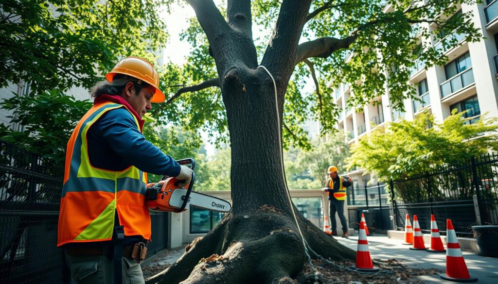 A tree removal process scene set in a confined urban space, showing professionals in safety gear efficiently assessing and removing a large tree. In the foreground, a tree removal expert in a hard hat and reflective vest operates a chainsaw, focused and diligent. The middle ground features another team member securing the area with cones and ropes, ensuring safety. The backdrop includes urban buildings and lush greenery, emphasizing the juxtaposition of nature within a city landscape. Soft afternoon sunlight filters through the leaves, casting dappled shadows on the ground, creating a warm, professional atmosphere. The composition should focus on the teamwork and precision involved in this complex task, capturing the essence of urban tree removal. A tree removal process scene set in a confined urban space, showing professionals in safety gear efficiently assessing and removing a large tree. In the foreground, a tree removal expert in a hard hat and reflective vest operates a chainsaw, focused and diligent. The middle ground features another team member securing the area with cones and ropes, ensuring safety. The backdrop includes urban buildings and lush greenery, emphasizing the juxtaposition of nature within a city landscape. Soft afternoon sunlight filters through the leaves, casting dappled shadows on the ground, creating a warm, professional atmosphere. The composition should focus on the teamwork and precision involved in this complex task, capturing the essence of urban tree removal.
