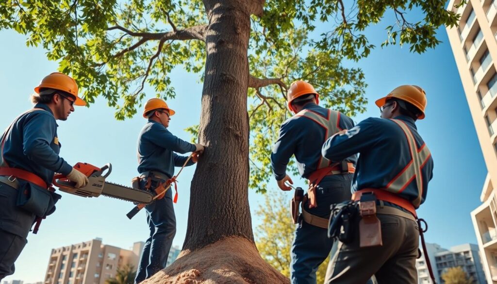 A tree removal scene in a commercial urban setting, featuring a professional crew wearing safety helmets and work attire. In the foreground, a worker operates a chainsaw, cutting through the trunk of a tall, lush tree, while a colleague holds a rope to guide its fall. In the middle ground, the tree is partially felled, with sawdust on the ground and branches being cleared away. The background showcases a clear blue sky and nearby buildings, suggesting an urban environment. The lighting is bright and natural, casting soft shadows that enhance the scene's realism. The atmosphere is focused and industrious, reflecting the importance of professional tree removal and maintenance efforts. A tree removal scene in a commercial urban setting, featuring a professional crew wearing safety helmets and work attire. In the foreground, a worker operates a chainsaw, cutting through the trunk of a tall, lush tree, while a colleague holds a rope to guide its fall. In the middle ground, the tree is partially felled, with sawdust on the ground and branches being cleared away. The background showcases a clear blue sky and nearby buildings, suggesting an urban environment. The lighting is bright and natural, casting soft shadows that enhance the scene's realism. The atmosphere is focused and industrious, reflecting the importance of professional tree removal and maintenance efforts.