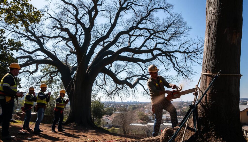 A tree removal scene showcasing the step-by-step process of removing a large tree. In the foreground, a professional arborist in a hard hat and safety gear uses a chainsaw to cut a thick tree trunk, with sawdust flying. To the left, a team of three other specialists, also in safety gear, are carefully preparing the area, using ropes and pulleys to manage the branches, ensuring safety. In the background, a large, majestic tree looms before an urban landscape of Centurion, with clear blue skies and faint outlines of neighboring buildings. The sunlight casts dynamic shadows, highlighting the drama of the work being done. The overall mood is industrious and focused, emphasizing professionalism and teamwork. A tree removal scene showcasing the step-by-step process of removing a large tree. In the foreground, a professional arborist in a hard hat and safety gear uses a chainsaw to cut a thick tree trunk, with sawdust flying. To the left, a team of three other specialists, also in safety gear, are carefully preparing the area, using ropes and pulleys to manage the branches, ensuring safety. In the background, a large, majestic tree looms before an urban landscape of Centurion, with clear blue skies and faint outlines of neighboring buildings. The sunlight casts dynamic shadows, highlighting the drama of the work being done. The overall mood is industrious and focused, emphasizing professionalism and teamwork.