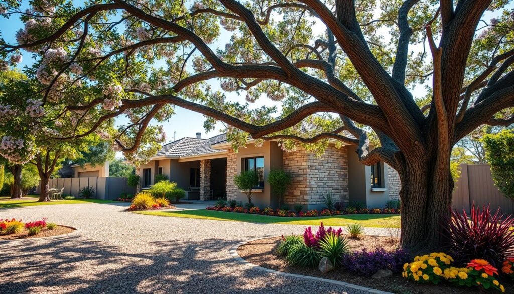 A vibrant depiction of a suburban yard in Centurion, focusing on common landscaping issues, particularly trees blocking driveways. In the foreground, a large, mature jacaranda tree with sprawling branches partially obstructs a gravel driveway. Colorful garden beds filled with local flora add vibrancy around the tree's base. In the middle ground, a neat, modern home showcases a typical Centurion architecture with stone accents and a tiled roof. The background features a clear blue sky, with soft, diffused sunlight filtering through the tree's leaves, casting playful shadows on the driveway. The scene conveys a peaceful atmosphere, reflecting the combination of natural beauty and suburban living. High-resolution, captured at eye-level for a realistic perspective. A vibrant depiction of a suburban yard in Centurion, focusing on common landscaping issues, particularly trees blocking driveways. In the foreground, a large, mature jacaranda tree with sprawling branches partially obstructs a gravel driveway. Colorful garden beds filled with local flora add vibrancy around the tree's base. In the middle ground, a neat, modern home showcases a typical Centurion architecture with stone accents and a tiled roof. The background features a clear blue sky, with soft, diffused sunlight filtering through the tree's leaves, casting playful shadows on the driveway. The scene conveys a peaceful atmosphere, reflecting the combination of natural beauty and suburban living. High-resolution, captured at eye-level for a realistic perspective.