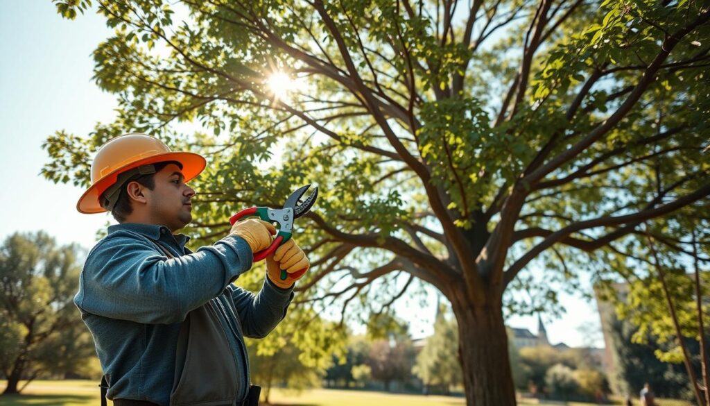 A vibrant, detailed scene of an arborist carefully performing structural pruning on a large, healthy tree in a lush, green park. In the foreground, the arborist, dressed in professional attire, is using high-quality pruning shears to trim branches that are crossing and crowded. The middle ground showcases the tree's well-maintained canopy, with clear, open spaces allowing sunlight to filter through, illuminating the healthy leaves. In the background, a serene landscape of other trees and a bright blue sky enhances the scene. The lighting is warm and natural, capturing a sunny day, while the angle provides a slightly elevated view, creating a sense of depth and focus on the pruning process. The mood is calm and productive, showcasing the importance of tree health and maintenance. A vibrant, detailed scene of an arborist carefully performing structural pruning on a large, healthy tree in a lush, green park. In the foreground, the arborist, dressed in professional attire, is using high-quality pruning shears to trim branches that are crossing and crowded. The middle ground showcases the tree's well-maintained canopy, with clear, open spaces allowing sunlight to filter through, illuminating the healthy leaves. In the background, a serene landscape of other trees and a bright blue sky enhances the scene. The lighting is warm and natural, capturing a sunny day, while the angle provides a slightly elevated view, creating a sense of depth and focus on the pruning process. The mood is calm and productive, showcasing the importance of tree health and maintenance.