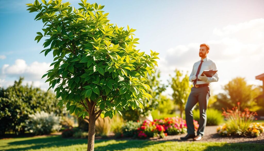 A vibrant, healthy tree stands in the foreground, showcasing lush green leaves and a sturdy trunk, symbolizing tree health. On one side, a certified arborist, dressed in smart professional attire, inspects the tree, holding a clipboard and wearing gloves, exuding expertise and care. In the middle ground, a well-maintained garden surrounds the tree, featuring colorful flowers and soft grass, enhancing the scene's beauty. The background reveals a sunny day with a clear blue sky and a few fluffy white clouds, creating a warm and inviting atmosphere. Soft, natural lighting casts gentle shadows, emphasizing the tree's vitality and the arborist's meticulous attention. The composition invites viewers to appreciate the importance of tree health and the role of certified professionals in maintaining it. A vibrant, healthy tree stands in the foreground, showcasing lush green leaves and a sturdy trunk, symbolizing tree health. On one side, a certified arborist, dressed in smart professional attire, inspects the tree, holding a clipboard and wearing gloves, exuding expertise and care. In the middle ground, a well-maintained garden surrounds the tree, featuring colorful flowers and soft grass, enhancing the scene's beauty. The background reveals a sunny day with a clear blue sky and a few fluffy white clouds, creating a warm and inviting atmosphere. Soft, natural lighting casts gentle shadows, emphasizing the tree's vitality and the arborist's meticulous attention. The composition invites viewers to appreciate the importance of tree health and the role of certified professionals in maintaining it.