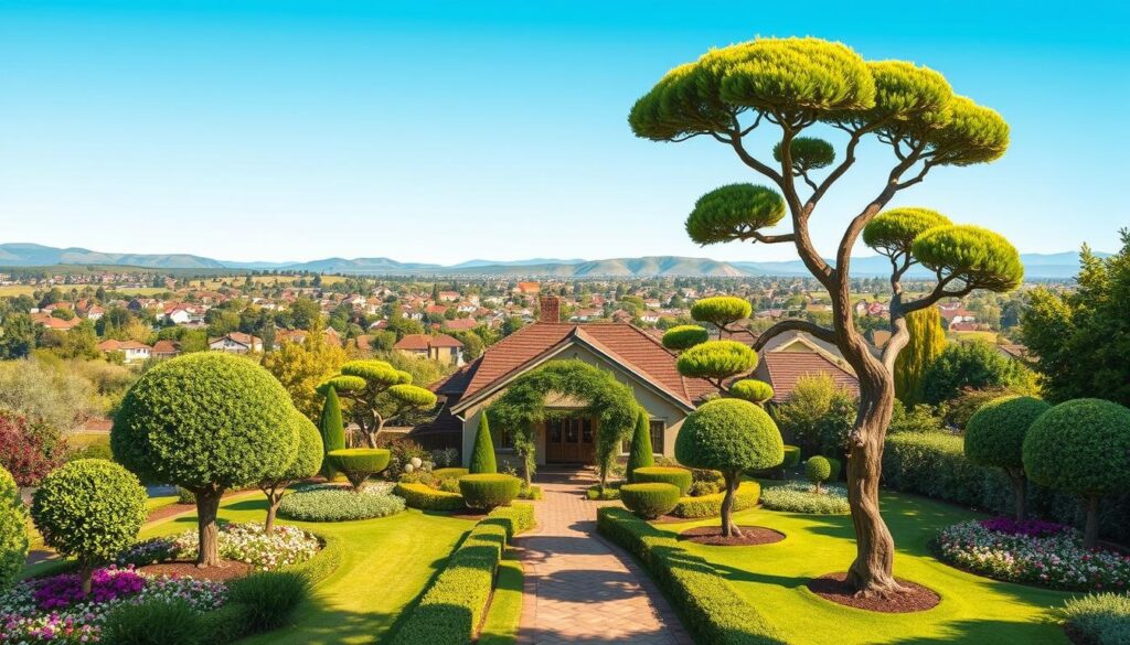 A vibrant illustration showcasing the areas serviced in Centurion, featuring a lush garden filled with creatively shaped trees, pruned into ornamental designs, demonstrating tree shaping artistry. In the foreground, a meticulously manicured garden pathway leads to a charming home, surrounded by a variety of native vegetation and flower beds. The middle ground displays diverse neighborhoods of Centurion, depicted with typical suburban architecture, encapsulating the essence of the area. In the background, the tranquil skyline of Centurion hints at nearby suburbs with rolling hills under a clear blue sky. Soft, natural lighting bathes the scene, casting gentle shadows and creating a warm, inviting atmosphere. The perspective is slightly elevated to capture a panoramic view, providing a sense of community charm and artistic landscaping. A vibrant illustration showcasing the areas serviced in Centurion, featuring a lush garden filled with creatively shaped trees, pruned into ornamental designs, demonstrating tree shaping artistry. In the foreground, a meticulously manicured garden pathway leads to a charming home, surrounded by a variety of native vegetation and flower beds. The middle ground displays diverse neighborhoods of Centurion, depicted with typical suburban architecture, encapsulating the essence of the area. In the background, the tranquil skyline of Centurion hints at nearby suburbs with rolling hills under a clear blue sky. Soft, natural lighting bathes the scene, casting gentle shadows and creating a warm, inviting atmosphere. The perspective is slightly elevated to capture a panoramic view, providing a sense of community charm and artistic landscaping.