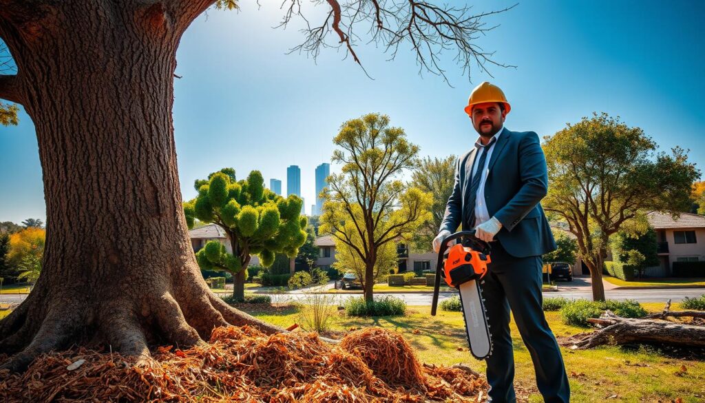A vibrant landscape depicting the theme of tree felling in Centurion, showcasing a skilled tree feller in professional attire, wielding a chainsaw. In the foreground, the focused tree feller stands confidently beside a recently cut tree, with bark and wood shavings scattered around. The middle ground features several healthy trees, highlighting the balance of nature and industry, while in the background, the silhouette of Centurion’s skyline is visible under a clear blue sky. The warm sunlight bathes the scene, creating soft shadows that enhance the sense of depth. Capture the dynamic atmosphere of hard work and sustainability, emphasizing the importance of responsible tree felling practices. Use a wide-angle lens to encapsulate the expansive view of both the tree and the suburban backdrop. A vibrant landscape depicting the theme of tree felling in Centurion, showcasing a skilled tree feller in professional attire, wielding a chainsaw. In the foreground, the focused tree feller stands confidently beside a recently cut tree, with bark and wood shavings scattered around. The middle ground features several healthy trees, highlighting the balance of nature and industry, while in the background, the silhouette of Centurion’s skyline is visible under a clear blue sky. The warm sunlight bathes the scene, creating soft shadows that enhance the sense of depth. Capture the dynamic atmosphere of hard work and sustainability, emphasizing the importance of responsible tree felling practices. Use a wide-angle lens to encapsulate the expansive view of both the tree and the suburban backdrop.