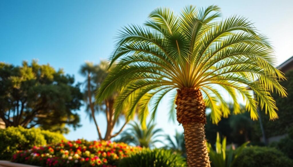 A vibrant palm tree stands majestically in the foreground, showcasing its lush green fronds gently swaying in a light breeze. In the middle ground, a well-manicured garden surrounds the tree, featuring colorful flowers and lush shrubs typical of a Centurion garden. The background captures a clear blue sky, with soft, warm sunlight bathing the scene, creating a serene and inviting atmosphere. The image should be taken from a low angle, emphasizing the height of the palm and the beauty of the surrounding flora. The lighting is soft and natural, enhancing the richness of the greens and the bright colors of the flowers. The overall mood is tranquil and refreshing, perfect for illustrating the caring aspect of palm tree maintenance in residential settings. A vibrant palm tree stands majestically in the foreground, showcasing its lush green fronds gently swaying in a light breeze. In the middle ground, a well-manicured garden surrounds the tree, featuring colorful flowers and lush shrubs typical of a Centurion garden. The background captures a clear blue sky, with soft, warm sunlight bathing the scene, creating a serene and inviting atmosphere. The image should be taken from a low angle, emphasizing the height of the palm and the beauty of the surrounding flora. The lighting is soft and natural, enhancing the richness of the greens and the bright colors of the flowers. The overall mood is tranquil and refreshing, perfect for illustrating the caring aspect of palm tree maintenance in residential settings.
