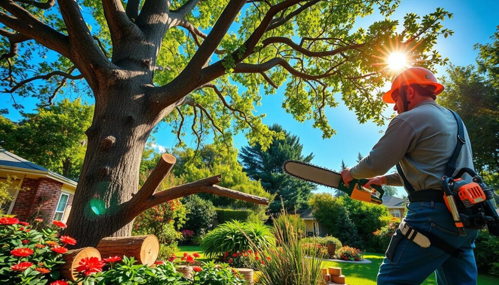 A vibrant scene depicting a professional tree trimming service in action at a lush suburban garden. In the foreground, a skilled arborist wearing safety gear and a helmet carefully operates a chainsaw to trim a large, healthy tree with a steady hand. The middle ground showcases various tree branches being pruned, with freshly cut logs scattered around. Surrounding flowers and plants add colorful accents to the scene. In the background, a bright blue sky shines through the green canopy, creating a sense of tranquility and focus. The lighting is warm and inviting, highlighting the textures of the bark and leaves. The overall atmosphere conveys a dedication to tree health and garden maintenance. A vibrant scene depicting a professional tree trimming service in action at a lush suburban garden. In the foreground, a skilled arborist wearing safety gear and a helmet carefully operates a chainsaw to trim a large, healthy tree with a steady hand. The middle ground showcases various tree branches being pruned, with freshly cut logs scattered around. Surrounding flowers and plants add colorful accents to the scene. In the background, a bright blue sky shines through the green canopy, creating a sense of tranquility and focus. The lighting is warm and inviting, highlighting the textures of the bark and leaves. The overall atmosphere conveys a dedication to tree health and garden maintenance.