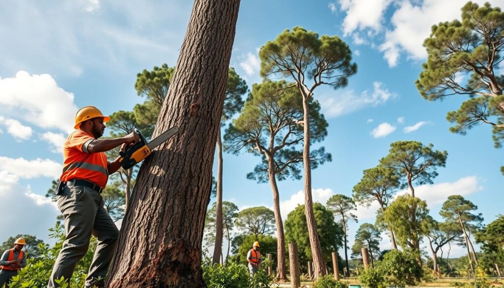 A vibrant scene depicting a team of professional tree fellers in Eldoraigne, Centurion. In the foreground, two workers in smart, modest work attire are carefully cutting down a tall tree with a chainsaw, showcasing their expertise and focus. The middle ground features an array of majestic trees, some standing and others being felled, surrounded by green foliage. In the background, a clear blue sky with soft, fluffy clouds creates a serene atmosphere, hinting at a warm, sunny day. Use soft natural lighting to highlight the workers’ concentration and the textures of the tree bark. The angle should be slightly elevated, providing a dynamic view of both the action and the surrounding landscape. The overall mood is one of professionalism and dedication to safe and trusted tree felling practices. A vibrant scene depicting a team of professional tree fellers in Eldoraigne, Centurion. In the foreground, two workers in smart, modest work attire are carefully cutting down a tall tree with a chainsaw, showcasing their expertise and focus. The middle ground features an array of majestic trees, some standing and others being felled, surrounded by green foliage. In the background, a clear blue sky with soft, fluffy clouds creates a serene atmosphere, hinting at a warm, sunny day. Use soft natural lighting to highlight the workers’ concentration and the textures of the tree bark. The angle should be slightly elevated, providing a dynamic view of both the action and the surrounding landscape. The overall mood is one of professionalism and dedication to safe and trusted tree felling practices.