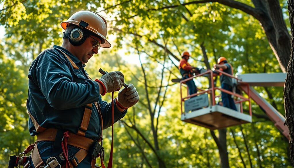 A vibrant scene depicting safety-first equipment and techniques for tree crown maintenance in a complex site. In the foreground, a skilled arborist in professional safety gear, including a hard hat, gloves, and harness, carefully inspects a tree crown using specialized tools. In the middle ground, a cherry picker elevates another team member equipped with a chainsaw, demonstrating proper safety protocols. The background showcases a lush, green forest with sunlight filtering through the canopy, creating a warm and inviting atmosphere. The image should capture dynamic angles, with a focus on the teamwork and precision involved in maintaining tree crowns safely. Use bright, natural lighting to enhance shadow play and depth, ensuring the scene feels professional and focused on safety. A vibrant scene depicting safety-first equipment and techniques for tree crown maintenance in a complex site. In the foreground, a skilled arborist in professional safety gear, including a hard hat, gloves, and harness, carefully inspects a tree crown using specialized tools. In the middle ground, a cherry picker elevates another team member equipped with a chainsaw, demonstrating proper safety protocols. The background showcases a lush, green forest with sunlight filtering through the canopy, creating a warm and inviting atmosphere. The image should capture dynamic angles, with a focus on the teamwork and precision involved in maintaining tree crowns safely. Use bright, natural lighting to enhance shadow play and depth, ensuring the scene feels professional and focused on safety.