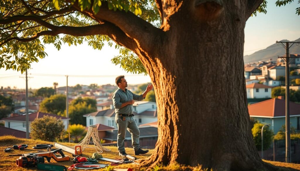 A vibrant scene displaying key factors influencing tree removal costs in South Africa. In the foreground, a professional arborist in modest casual clothing inspects a large, leafy tree, showcasing its height and density. In the middle ground, detailed elements include a variety of tools like saws and climbing gear, emphasizing the technical nature of tree removal. In the background, a diverse urban landscape with houses and power lines illustrates the context of tree removal in residential areas. The lighting is warm and inviting, capturing the golden hues of late afternoon. The atmosphere is one of professionalism and expertise, highlighting the significance of proper tree management in the region. A slight depth of field adds focus to the arborist while softening the background, enhancing the overall composition. A vibrant scene displaying key factors influencing tree removal costs in South Africa. In the foreground, a professional arborist in modest casual clothing inspects a large, leafy tree, showcasing its height and density. In the middle ground, detailed elements include a variety of tools like saws and climbing gear, emphasizing the technical nature of tree removal. In the background, a diverse urban landscape with houses and power lines illustrates the context of tree removal in residential areas. The lighting is warm and inviting, capturing the golden hues of late afternoon. The atmosphere is one of professionalism and expertise, highlighting the significance of proper tree management in the region. A slight depth of field adds focus to the arborist while softening the background, enhancing the overall composition.