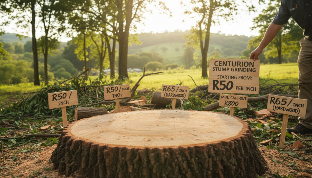 A visually compelling representation of stump grinding pricing in Centurion, showcasing a rustic wooden stump in the foreground, expertly ground down to a smooth finish. In the middle ground, display a price list concept with various prices per inch creatively illustrated on small wooden signs nestled among tree debris. The background should feature a lush, green landscape indicative of Centurion, with soft sunlight filtering through trees, creating a warm, inviting atmosphere. The image should be captured from a low angle, emphasizing the stump and price signs, with a depth of field that subtly blurs the background while keeping focus on the pricing elements in a clear, attractive way. The mood should convey professionalism and clarity, suitable for an informative article. A visually compelling representation of stump grinding pricing in Centurion, showcasing a rustic wooden stump in the foreground, expertly ground down to a smooth finish. In the middle ground, display a price list concept with various prices per inch creatively illustrated on small wooden signs nestled among tree debris. The background should feature a lush, green landscape indicative of Centurion, with soft sunlight filtering through trees, creating a warm, inviting atmosphere. The image should be captured from a low angle, emphasizing the stump and price signs, with a depth of field that subtly blurs the background while keeping focus on the pricing elements in a clear, attractive way. The mood should convey professionalism and clarity, suitable for an informative article.