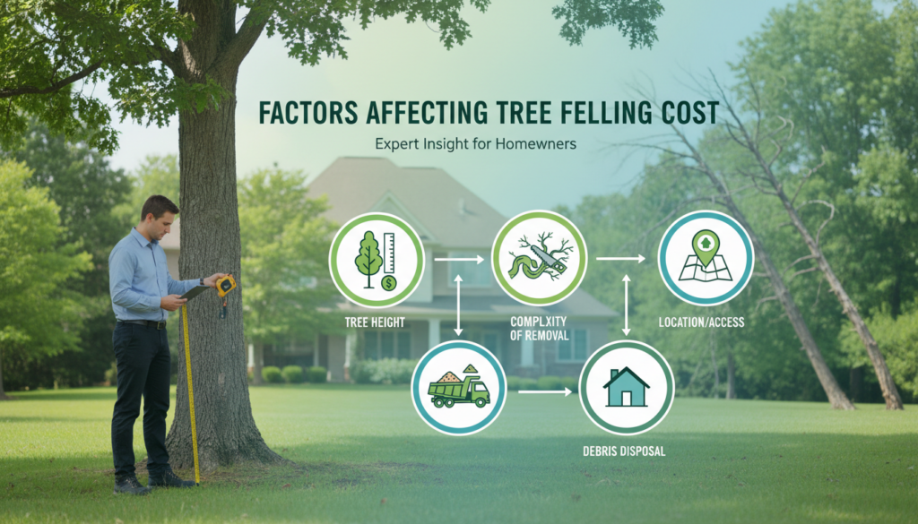 A visually engaging and informative illustration that captures the various factors affecting the cost of tree felling. In the foreground, depict a professional arborist in smart casual attire inspecting a tree with tools in hand, demonstrating care and expertise. In the middle ground, illustrate a set of scale icons representing different cost factors - such as tree height, complexity of removal, debris disposal, and location - visually balanced and connected by lines or arrows. The background features a serene residential property with a mix of healthy and problematic trees, under bright daylight that emphasizes clarity and detail. The overall mood is professional and insightful, aimed to educate viewers about tree felling costs. A visually engaging and informative illustration that captures the various factors affecting the cost of tree felling. In the foreground, depict a professional arborist in smart casual attire inspecting a tree with tools in hand, demonstrating care and expertise. In the middle ground, illustrate a set of scale icons representing different cost factors - such as tree height, complexity of removal, debris disposal, and location - visually balanced and connected by lines or arrows. The background features a serene residential property with a mix of healthy and problematic trees, under bright daylight that emphasizes clarity and detail. The overall mood is professional and insightful, aimed to educate viewers about tree felling costs.