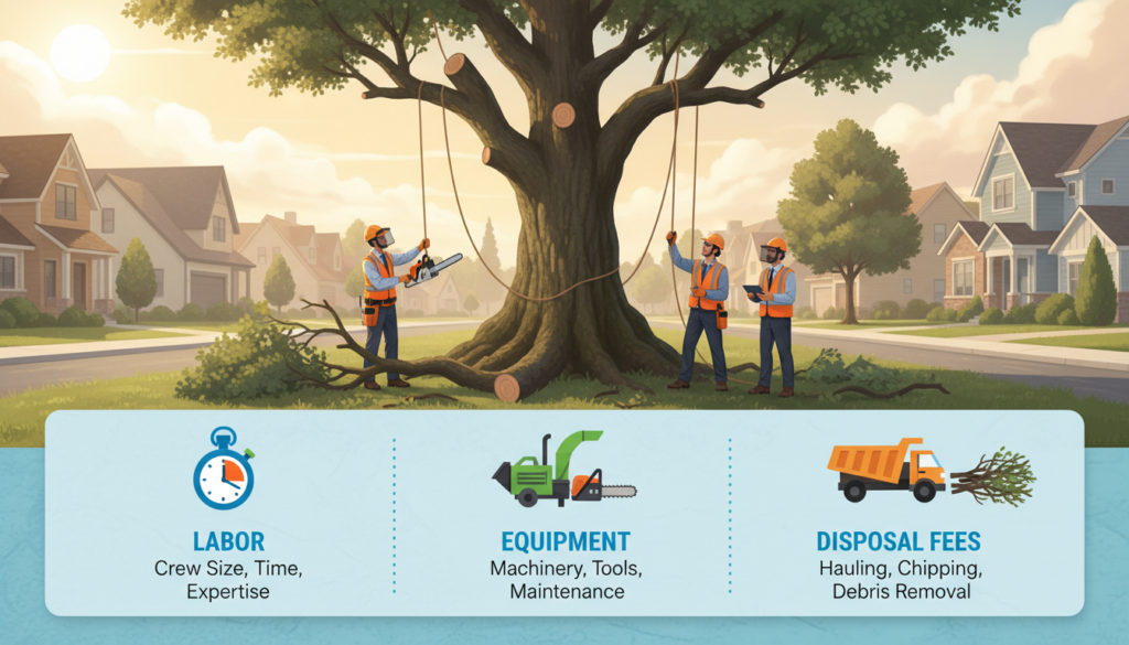 A visually engaging infographic depicting the various cost factors associated with tree cutting services. In the foreground, showcase a detailed breakdown of elements such as labor, equipment, and disposal fees, represented with icons or small illustrations. In the middle ground, illustrate a tree cutting scene with professionals in business attire using chainsaws and safety gear, concentrating on a large oak tree, emphasizing the scale of the task. In the background, depict different residential properties with varying tree sizes, under a bright, sunny sky, creating a welcoming atmosphere. Use vibrant colors for the cost factors and soft natural tones for the trees and homes. Natural sunlight should illuminate the scene, enhancing the details and providing a clear, professional look that resonates with homeowners considering tree cutting services. A visually engaging infographic depicting the various cost factors associated with tree cutting services. In the foreground, showcase a detailed breakdown of elements such as labor, equipment, and disposal fees, represented with icons or small illustrations. In the middle ground, illustrate a tree cutting scene with professionals in business attire using chainsaws and safety gear, concentrating on a large oak tree, emphasizing the scale of the task. In the background, depict different residential properties with varying tree sizes, under a bright, sunny sky, creating a welcoming atmosphere. Use vibrant colors for the cost factors and soft natural tones for the trees and homes. Natural sunlight should illuminate the scene, enhancing the details and providing a clear, professional look that resonates with homeowners considering tree cutting services.