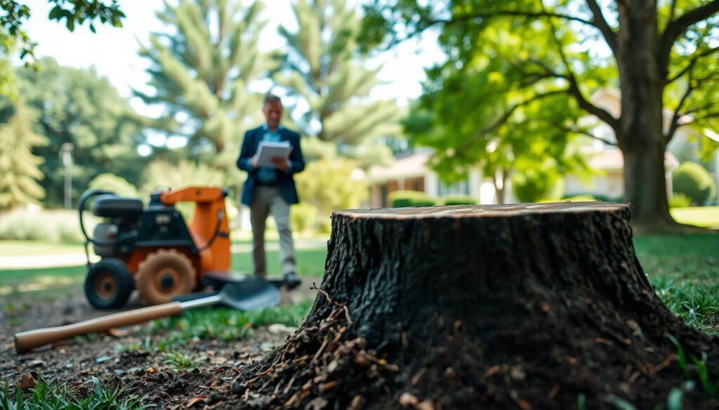 A visually engaging outdoor scene depicting the various factors that influence stump removal costs, emphasizing the comparison between grinding and digging. In the foreground, include a freshly removed tree stump showing clear cut marks, tools like a stump grinder and shovels lying beside it. In the middle ground, show a professional in business attire inspecting the site, clipboard in hand, discussing with a property owner who is dressed casually. In the background, lush green trees and a suburban home create a serene yet informative atmosphere. Utilize soft, natural lighting to evoke a daylight setting, with a slight focus blur on the background to draw attention to the subject in the foreground. The overall mood should be informative and pragmatic, conveying a sense of professionalism and care in garden maintenance. A visually engaging outdoor scene depicting the various factors that influence stump removal costs, emphasizing the comparison between grinding and digging. In the foreground, include a freshly removed tree stump showing clear cut marks, tools like a stump grinder and shovels lying beside it. In the middle ground, show a professional in business attire inspecting the site, clipboard in hand, discussing with a property owner who is dressed casually. In the background, lush green trees and a suburban home create a serene yet informative atmosphere. Utilize soft, natural lighting to evoke a daylight setting, with a slight focus blur on the background to draw attention to the subject in the foreground. The overall mood should be informative and pragmatic, conveying a sense of professionalism and care in garden maintenance.
