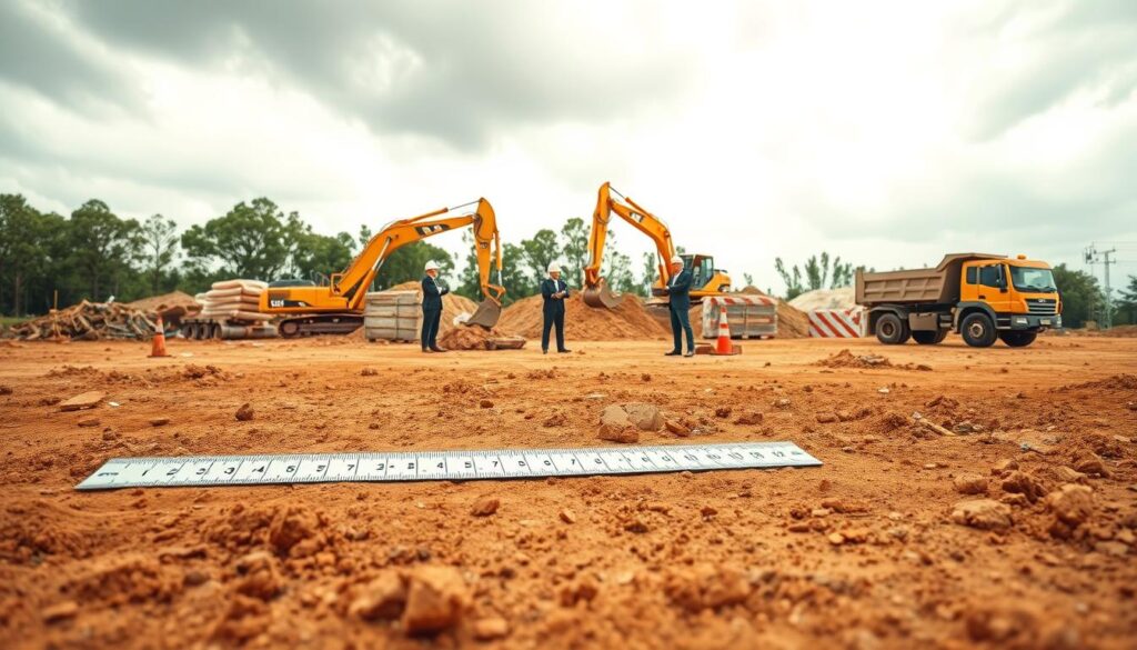 A visually striking illustration of a construction site showcasing the concept of "cost per square metre." In the foreground, include a clear visual representation of a large, strong ruler or measuring tape laid down on a dirt surface, symbolizing measurement in land clearing. In the middle ground, depict construction workers in professional attire, discussing plans near machinery like an excavator and a dump truck. The background should feature a partially cleared site with trees and debris, under a cloudy sky that gives a realistic, industrial atmosphere. Use natural, diffused lighting to enhance details, ensuring a balance between shadows and highlights. The overall mood should convey focus and professionalism, highlighting the importance of accurate pricing in construction. A visually striking illustration of a construction site showcasing the concept of "cost per square metre." In the foreground, include a clear visual representation of a large, strong ruler or measuring tape laid down on a dirt surface, symbolizing measurement in land clearing. In the middle ground, depict construction workers in professional attire, discussing plans near machinery like an excavator and a dump truck. The background should feature a partially cleared site with trees and debris, under a cloudy sky that gives a realistic, industrial atmosphere. Use natural, diffused lighting to enhance details, ensuring a balance between shadows and highlights. The overall mood should convey focus and professionalism, highlighting the importance of accurate pricing in construction.