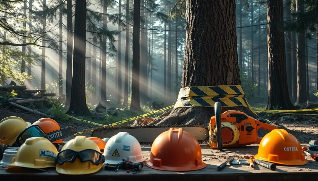 A visually striking scene depicting tree felling hazards in a job site. In the foreground, a detailed depiction of various safety equipment such as hard hats, high-visibility vests, and safety goggles arranged neatly on a work table amidst scattered tools. The middle ground features a large, well-marked tree with caution tape surrounding its base, and a chain saw propped beside it, showcasing signs of wear. In the background, a lush forest environment with tall trees obscured by morning mist, creating a sense of depth. Natural light filters through the trees, casting soft shadows to enrich the atmosphere. The overall mood conveys caution and professionalism, emphasizing the importance of safety in tree felling. A visually striking scene depicting tree felling hazards in a job site. In the foreground, a detailed depiction of various safety equipment such as hard hats, high-visibility vests, and safety goggles arranged neatly on a work table amidst scattered tools. The middle ground features a large, well-marked tree with caution tape surrounding its base, and a chain saw propped beside it, showcasing signs of wear. In the background, a lush forest environment with tall trees obscured by morning mist, creating a sense of depth. Natural light filters through the trees, casting soft shadows to enrich the atmosphere. The overall mood conveys caution and professionalism, emphasizing the importance of safety in tree felling.