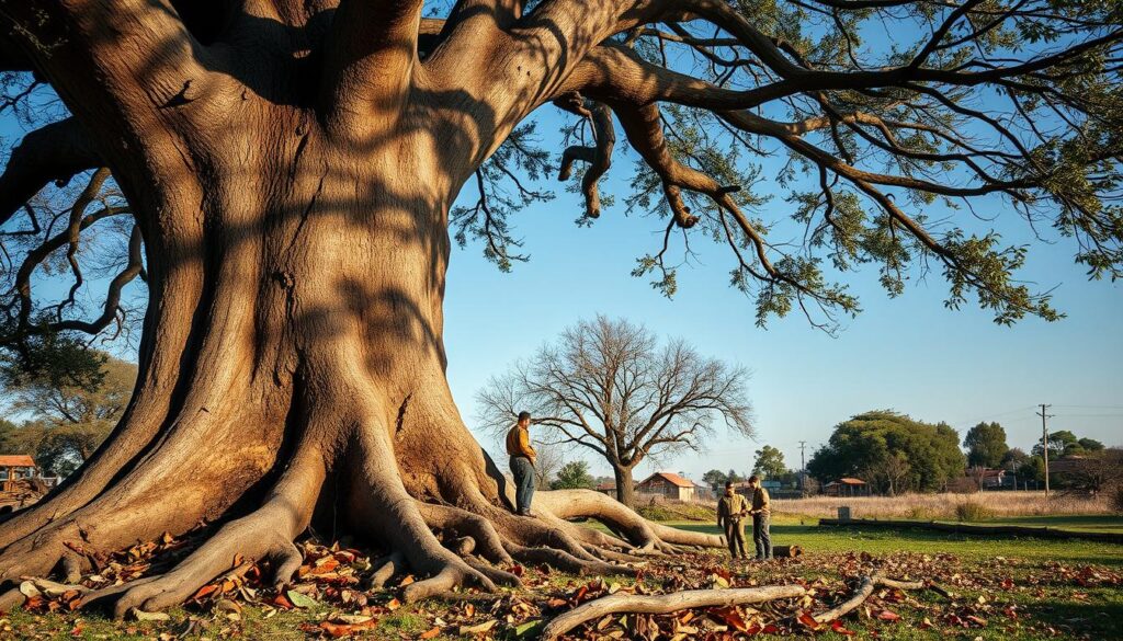 A vivid depiction of a hazardous tree environment in Centurion, showcasing a large, aging tree with exposed roots and cracked branches in the foreground, emphasizing potential danger. Surrounding the tree, illustrate scattered debris such as fallen branches and leaves to accentuate the risks they pose. In the middle ground, include a small team of professional tree removal experts in modest attire, inspecting and strategizing around the tree's unstable condition. In the background, capture a typical Centurion landscape with a clear blue sky, hinting at the unforgiving weather conditions that contribute to tree hazards. Use soft, natural lighting to create an informative mood, enhancing the urgency and significance of tree safety. The perspective should be slightly low-angle to emphasize the towering tree and its precarious state. A vivid depiction of a hazardous tree environment in Centurion, showcasing a large, aging tree with exposed roots and cracked branches in the foreground, emphasizing potential danger. Surrounding the tree, illustrate scattered debris such as fallen branches and leaves to accentuate the risks they pose. In the middle ground, include a small team of professional tree removal experts in modest attire, inspecting and strategizing around the tree's unstable condition. In the background, capture a typical Centurion landscape with a clear blue sky, hinting at the unforgiving weather conditions that contribute to tree hazards. Use soft, natural lighting to create an informative mood, enhancing the urgency and significance of tree safety. The perspective should be slightly low-angle to emphasize the towering tree and its precarious state.