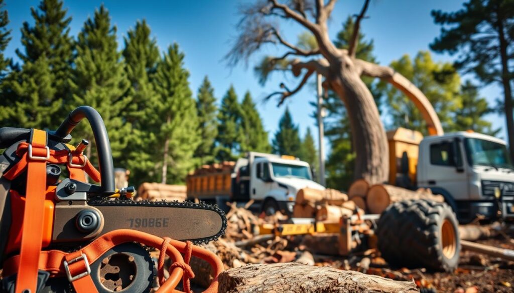 A well-equipped commercial tree work site, showcasing various specialized equipment in the foreground, including a high-powered chainsaw, safety harnesses, and sturdy climbing gear. In the middle ground, include a large, efficient wood chipper and a truck loaded with logs, emphasizing functionality and readiness. The background features tall green trees and a clear blue sky, suggesting an open, professional work environment. Use bright, natural lighting to convey an active, productive atmosphere, with soft shadows highlighting the equipment’s details. The scene should evoke a sense of professionalism and expertise, ideal for a commercial tree felling operation, with no human figures present, ensuring a focus solely on the equipment. A well-equipped commercial tree work site, showcasing various specialized equipment in the foreground, including a high-powered chainsaw, safety harnesses, and sturdy climbing gear. In the middle ground, include a large, efficient wood chipper and a truck loaded with logs, emphasizing functionality and readiness. The background features tall green trees and a clear blue sky, suggesting an open, professional work environment. Use bright, natural lighting to convey an active, productive atmosphere, with soft shadows highlighting the equipment’s details. The scene should evoke a sense of professionalism and expertise, ideal for a commercial tree felling operation, with no human figures present, ensuring a focus solely on the equipment.