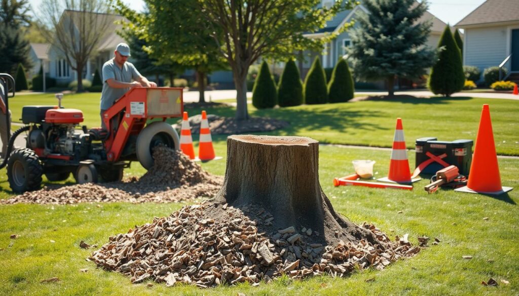 A well-maintained outdoor scene showcasing stump removal in a suburban landscape. In the foreground, a professional crew in modest casual clothing operates a stump grinder, with a pile of wood chips surrounding the stump. The middle ground features a partially excavated tree stump, revealing its roots, alongside necessary equipment like safety cones and tools. The background includes neatly trimmed grass and trees, portraying a tidy environment. The lighting is bright and natural, enhancing the clarity of the scene, with a focus on the action. The atmosphere is industrious and safe, emphasizing a clean and improved landscape in the process of transformation. A well-maintained outdoor scene showcasing stump removal in a suburban landscape. In the foreground, a professional crew in modest casual clothing operates a stump grinder, with a pile of wood chips surrounding the stump. The middle ground features a partially excavated tree stump, revealing its roots, alongside necessary equipment like safety cones and tools. The background includes neatly trimmed grass and trees, portraying a tidy environment. The lighting is bright and natural, enhancing the clarity of the scene, with a focus on the action. The atmosphere is industrious and safe, emphasizing a clean and improved landscape in the process of transformation.