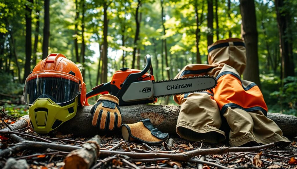 A well-organized display of chainsaw personal protective equipment (PPE) in a forest setting. In the foreground, showcase a sturdy helmet with a face shield, high-visibility safety vest, reinforced gloves, and chaps made from cut-resistant material. The middle layer features a chainsaw resting on a log, surrounded by scattered fallen branches. The background depicts a lush, green forest with sunlight filtering through the leaves, creating a dappled light effect. The atmosphere is both serious and professional, emphasizing safety and readiness for tree felling tasks. Use soft, natural lighting to highlight the textures and colors of the PPE. The image should convey the importance of safety standards in forestry work, set at a slight angle to capture the depth of the scene. A well-organized display of chainsaw personal protective equipment (PPE) in a forest setting. In the foreground, showcase a sturdy helmet with a face shield, high-visibility safety vest, reinforced gloves, and chaps made from cut-resistant material. The middle layer features a chainsaw resting on a log, surrounded by scattered fallen branches. The background depicts a lush, green forest with sunlight filtering through the leaves, creating a dappled light effect. The atmosphere is both serious and professional, emphasizing safety and readiness for tree felling tasks. Use soft, natural lighting to highlight the textures and colors of the PPE. The image should convey the importance of safety standards in forestry work, set at a slight angle to capture the depth of the scene.