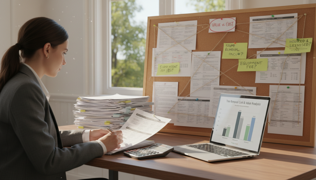 A well-organized workspace for comparing quotes on tree cutting services. In the foreground, a professional woman in business attire examines a stack of quotes on a desk, surrounded by a calculator and a laptop displaying a graph of tree cutting prices. In the middle, a large corkboard is pinned with various quotes, highlighted sections, and comparative notes, showcasing different pricing structures and services. In the background, sunlight pours through a window, creating a warm, inviting atmosphere. Soft shadows enhance the clarity of details, evoking a sense of careful consideration and decision-making regarding value over mere costs. The overall mood should feel analytical and focused, reflecting the importance of thoughtful evaluation in choosing tree cutting services. A well-organized workspace for comparing quotes on tree cutting services. In the foreground, a professional woman in business attire examines a stack of quotes on a desk, surrounded by a calculator and a laptop displaying a graph of tree cutting prices. In the middle, a large corkboard is pinned with various quotes, highlighted sections, and comparative notes, showcasing different pricing structures and services. In the background, sunlight pours through a window, creating a warm, inviting atmosphere. Soft shadows enhance the clarity of details, evoking a sense of careful consideration and decision-making regarding value over mere costs. The overall mood should feel analytical and focused, reflecting the importance of thoughtful evaluation in choosing tree cutting services.