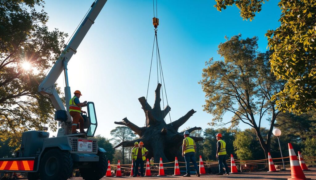 A well-structured construction site depicting safety standards for crane-assisted tree removal. In the foreground, a crane is lifting a large tree section, operated by a professional in a hard hat and safety gear. Surrounding the crane, workers inspect the area, wearing bright safety vests and helmets, indicating a focus on risk management. In the middle ground, safety cones and barriers are in place, with signs detailing safety protocols visible. The background features a clear blue sky, with trees and foliage framing the scene to emphasize the natural environment. Soft sunlight casts warm lighting over the site, creating an atmosphere of diligence and professionalism. The angle is slightly elevated, providing a comprehensive view of the on-site safety measures in action. A well-structured construction site depicting safety standards for crane-assisted tree removal. In the foreground, a crane is lifting a large tree section, operated by a professional in a hard hat and safety gear. Surrounding the crane, workers inspect the area, wearing bright safety vests and helmets, indicating a focus on risk management. In the middle ground, safety cones and barriers are in place, with signs detailing safety protocols visible. The background features a clear blue sky, with trees and foliage framing the scene to emphasize the natural environment. Soft sunlight casts warm lighting over the site, creating an atmosphere of diligence and professionalism. The angle is slightly elevated, providing a comprehensive view of the on-site safety measures in action.