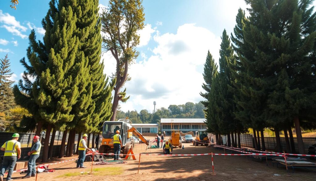 A wide-angle view of a bustling commercial tree felling site in Zwartkop, Centurion, capturing the essence of local knowledge and safety. In the foreground, a professional tree felling team in safety gear, including hard hats and reflective vests, strategically setting up equipment amidst tall, lush trees. The middle ground features a well-organized staging area with heavy machinery, ropes, and safety barriers, showcasing clear access routes marked with colored flags. The background includes recognizable Zwartkop landmarks, such as a distinctive local building or water tower, under a bright blue sky with soft clouds. The scene is illuminated by warm, natural sunlight, creating an inviting atmosphere, emphasizing professionalism and compliance with safety standards. A wide-angle view of a bustling commercial tree felling site in Zwartkop, Centurion, capturing the essence of local knowledge and safety. In the foreground, a professional tree felling team in safety gear, including hard hats and reflective vests, strategically setting up equipment amidst tall, lush trees. The middle ground features a well-organized staging area with heavy machinery, ropes, and safety barriers, showcasing clear access routes marked with colored flags. The background includes recognizable Zwartkop landmarks, such as a distinctive local building or water tower, under a bright blue sky with soft clouds. The scene is illuminated by warm, natural sunlight, creating an inviting atmosphere, emphasizing professionalism and compliance with safety standards.